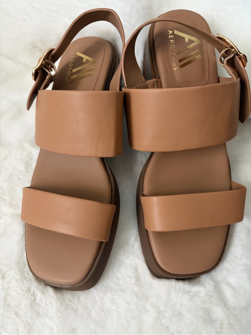 New no box AEROSOLES Cognac Double-Strap Slide Sandals with Buckle 7 1/2